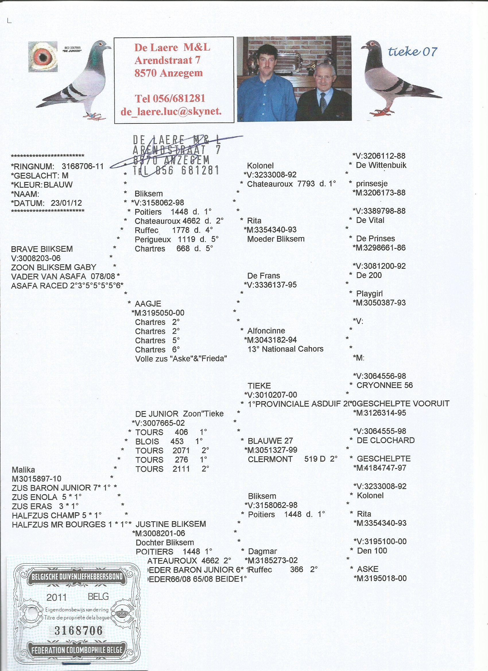 BE11-3168706 ERKEK / GABY VANDENABEELE BLIKSEM TORUNU BABADAN KARDES ASAFA 2, 3, 5