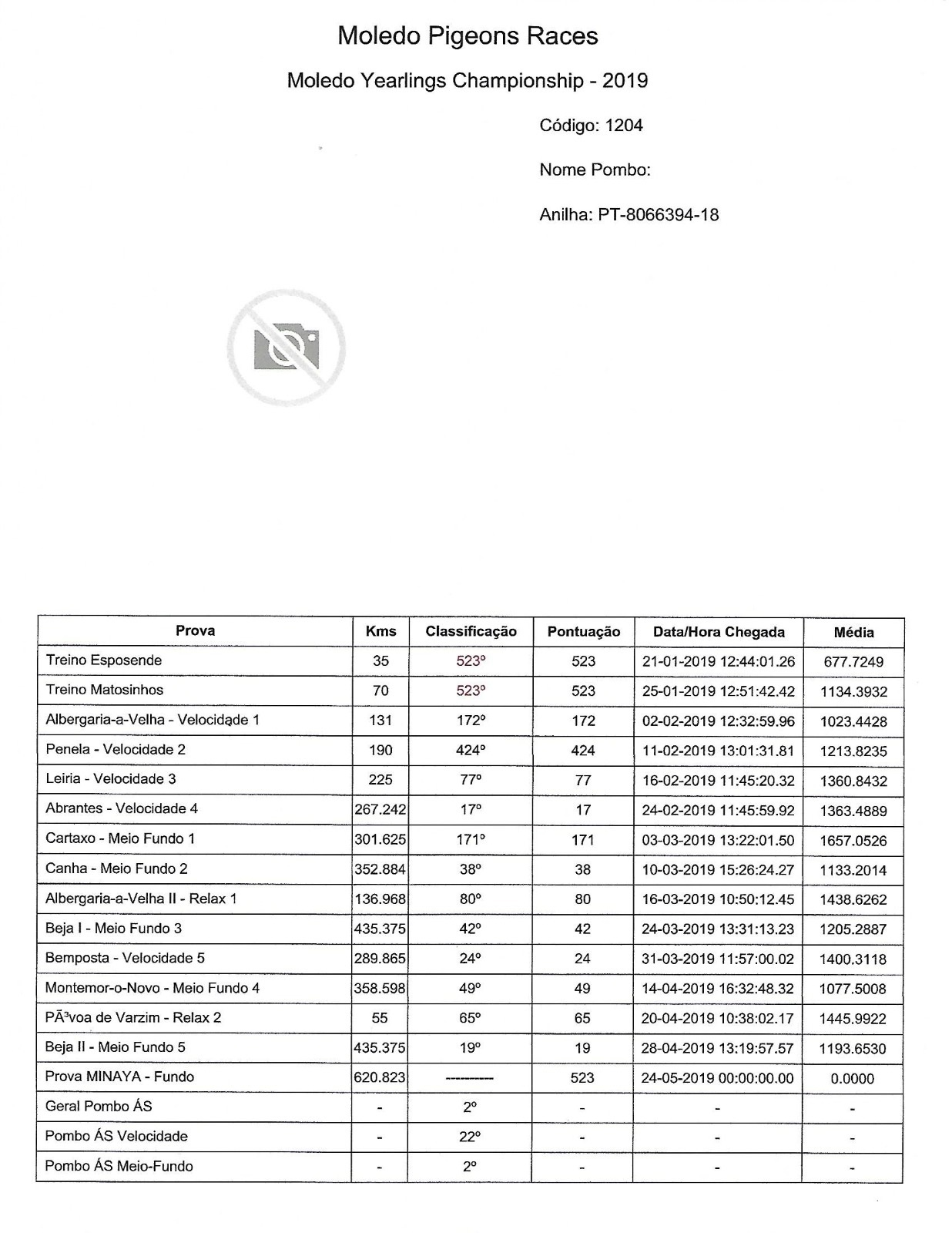 PT18-8066394 ERKEK / KENDİSİ 2. ACE PİGEON MOLEDO YEARLİNG CHAM